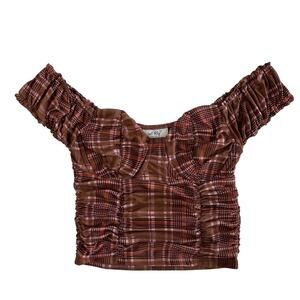 Just Polly Small Off-Shoulder Brown Plaid Bustier Crop Top Lined